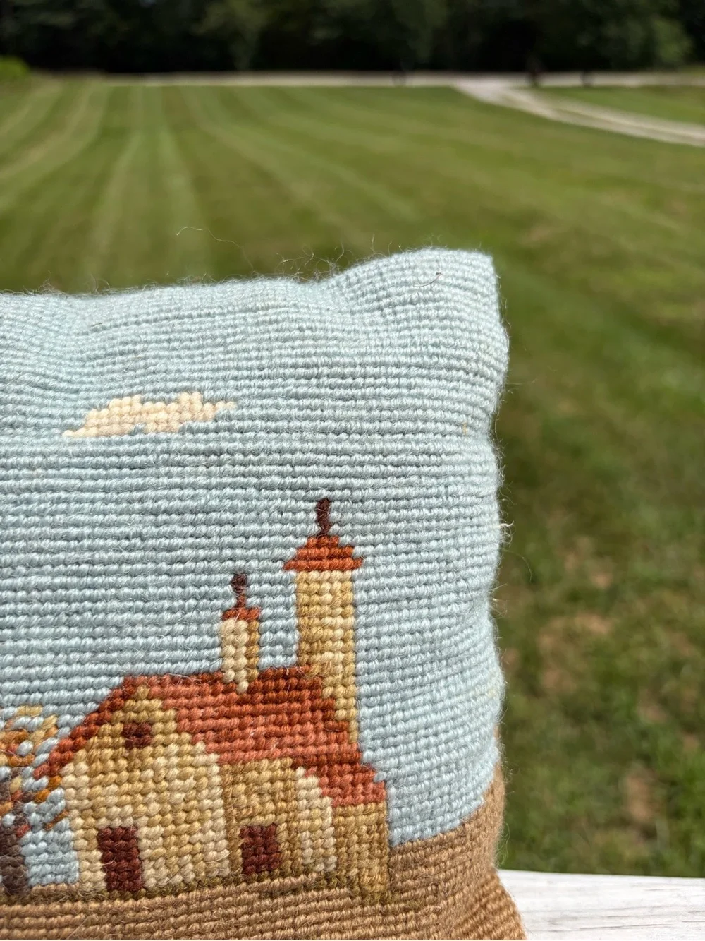 Vintage Needlepoint Pillow House Landscape Decorative Small Velvet Cottagecore